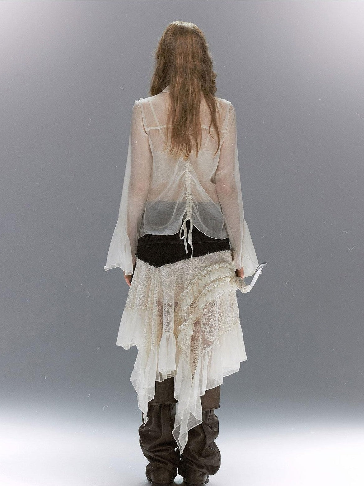 Cest Nous Court Lace Pleated Collared Placket Long Sleeve Women&
