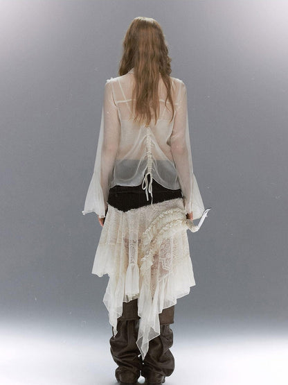 Cest Nous Court Lace Pleated Collared Placket Long Sleeve Women&