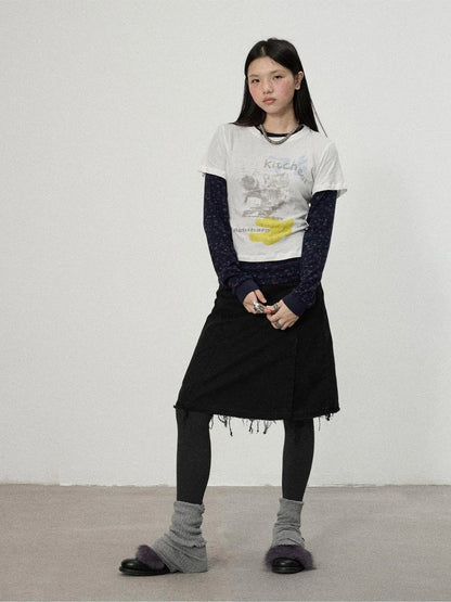 Achihara Two Piece Knit Set With Floral Print V-neck T-shirt Long Sleeve