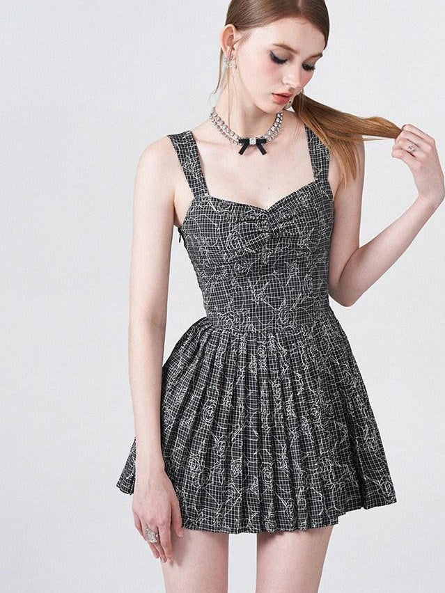 AFTADAWN Black White Check Rose Embroidery Pleated Women&