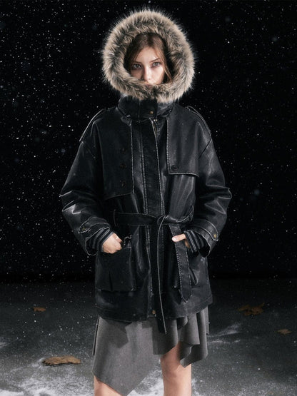 Cest Nous Fur Collar Hooded Utility Distressed Women&