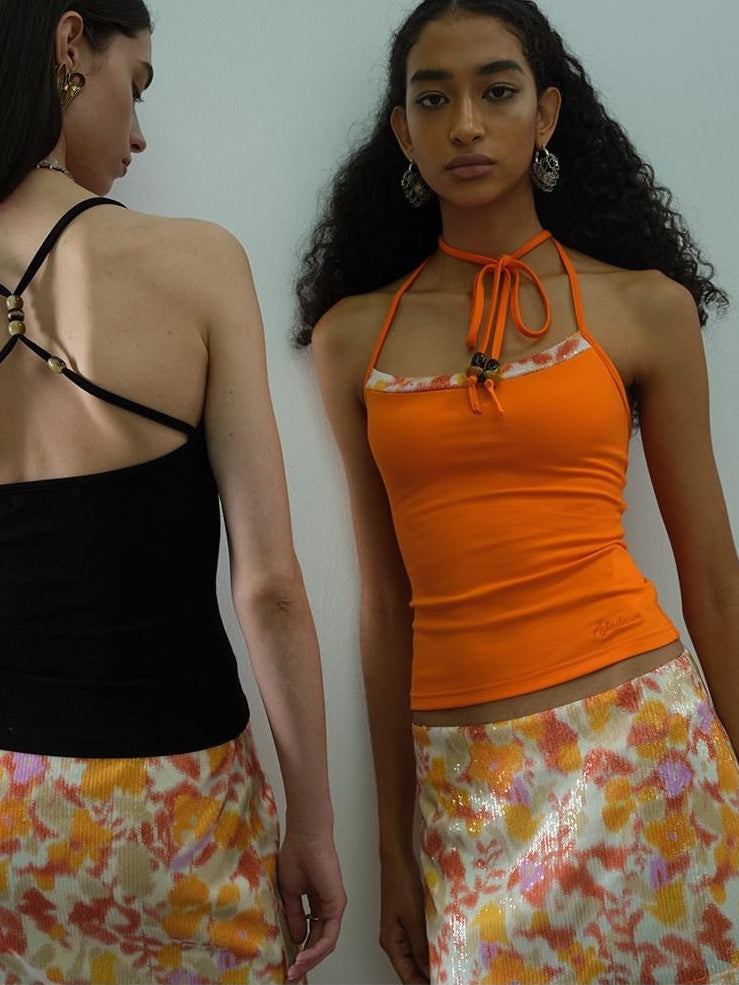 AFTADAWN Floral Sequin Beaded Tie Strappy Women&