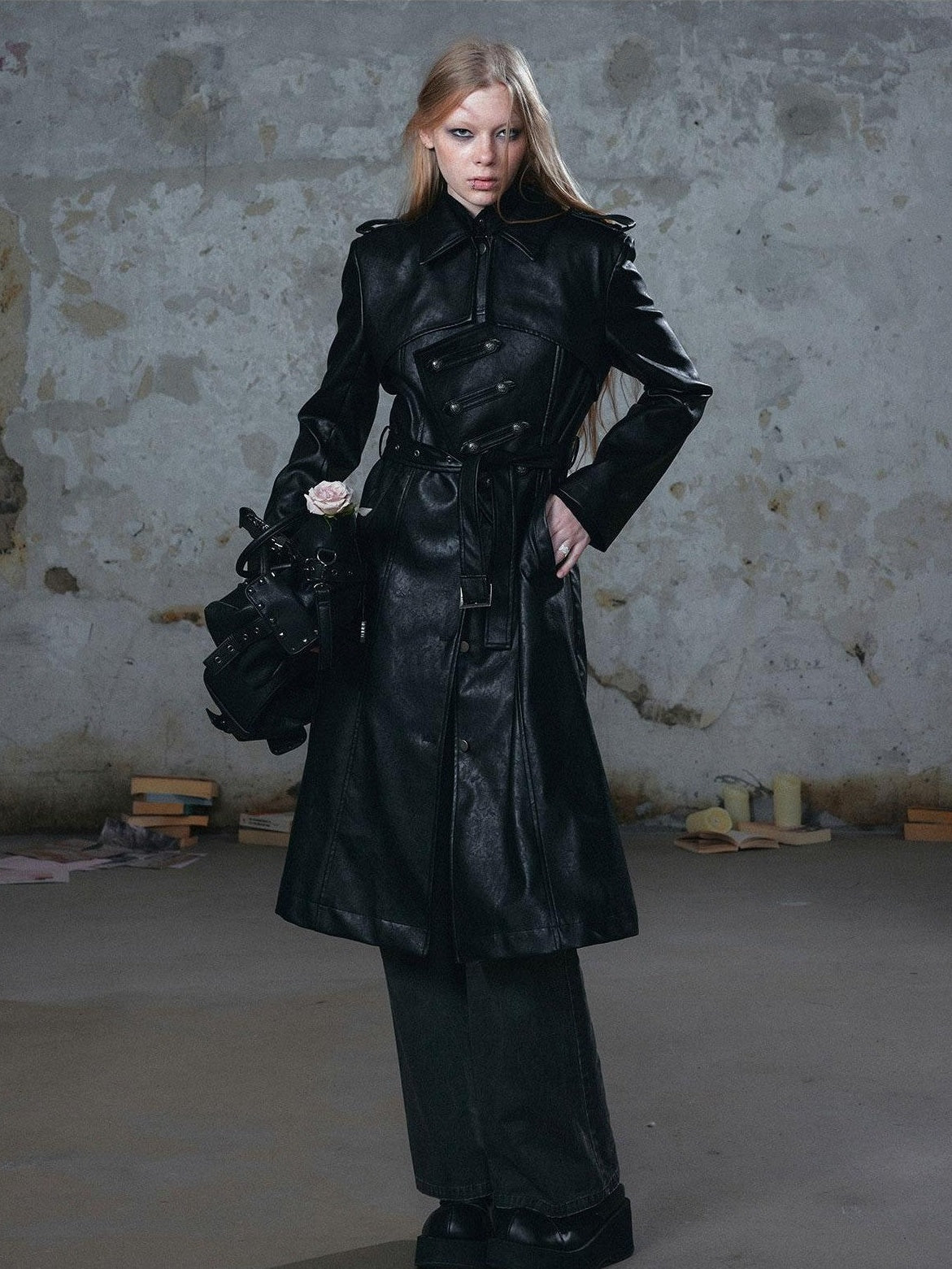 Cest Nous Asymmetric Deconstructed Waist Cinched Long Sleeve Pu Leather Women&
