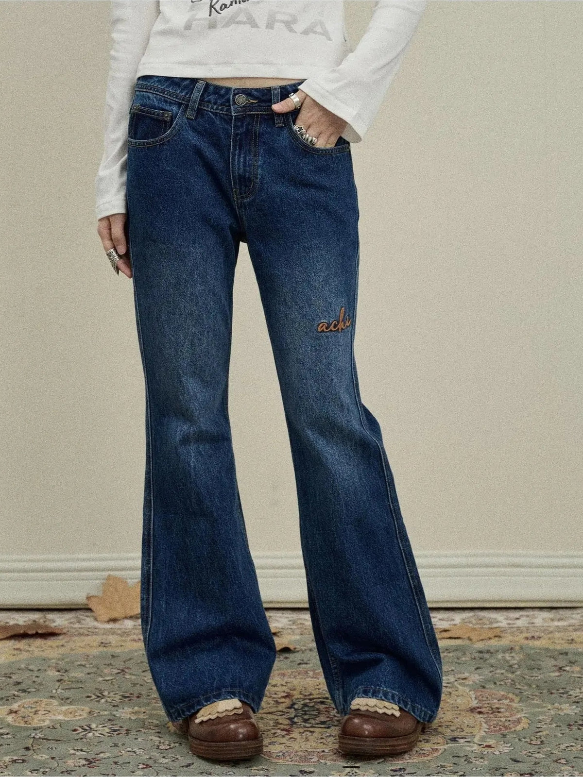 Achihara Embroidered Flared Jeans Distressed Denim Trousers