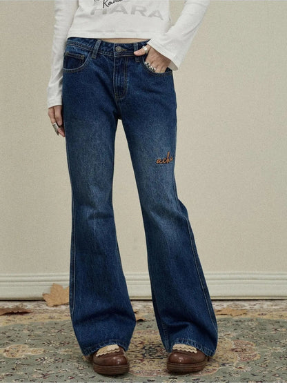 Achihara Embroidered Flared Jeans Distressed Denim Trousers