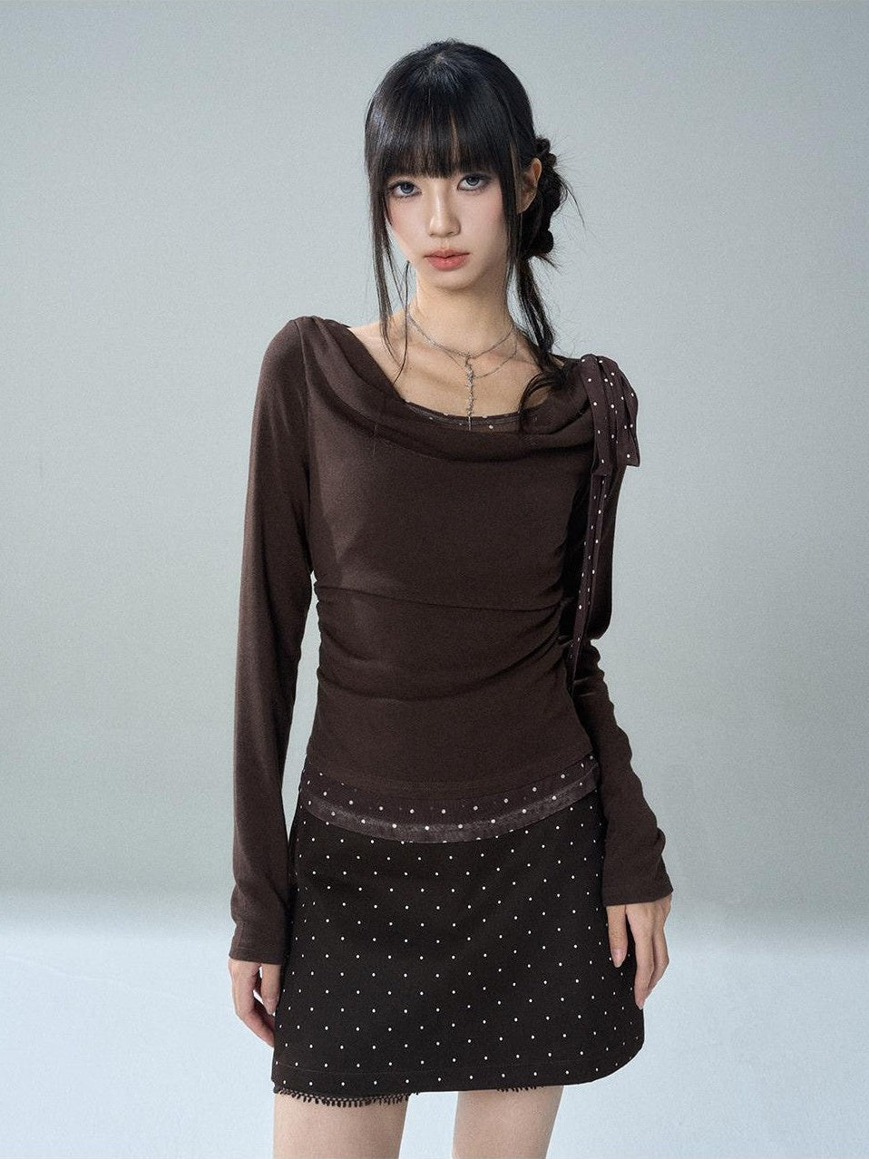 LADYGHOST Brown Polka Dot Lace Print Bodycon Women&
