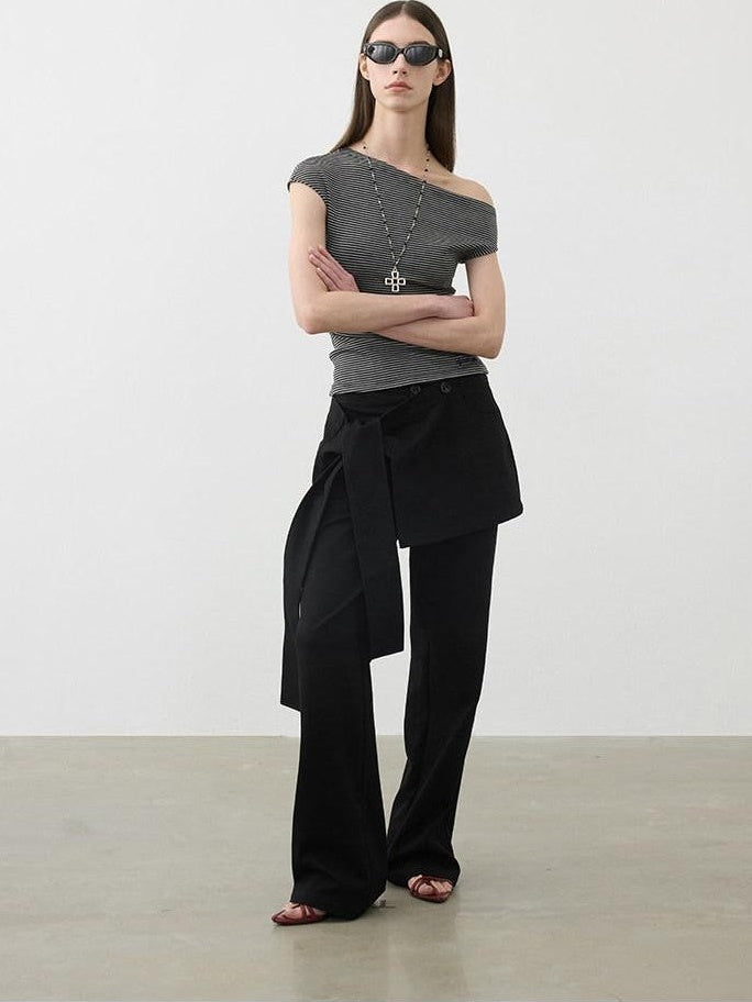 AFTADAWN Striped Asymmetrical Shoulder Cinched Waist Women&