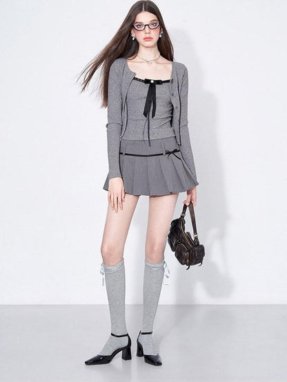 AFTADAWN Grey Bow Cardigan Pleated Skirt Women&