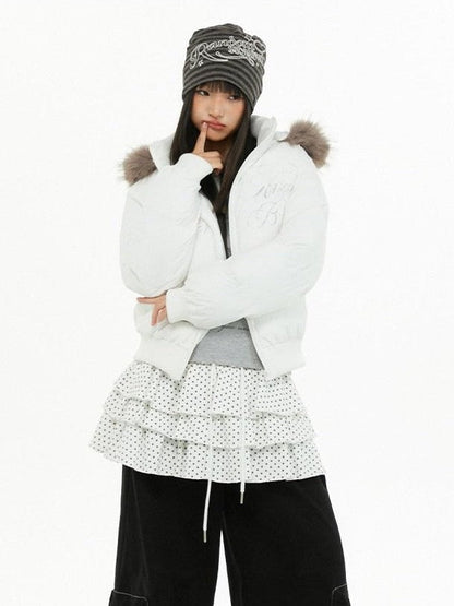 atrandom Cropped Fur Collar Detachable Hood Slim Fit Women&