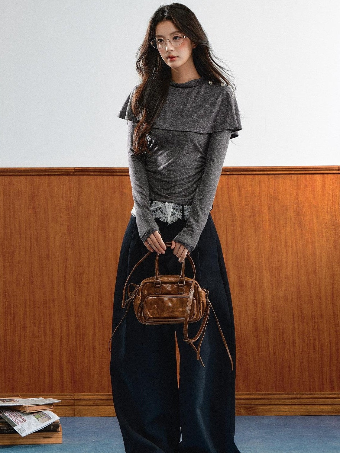 7Shiftin Double Collar Shirred Shoulder Women&