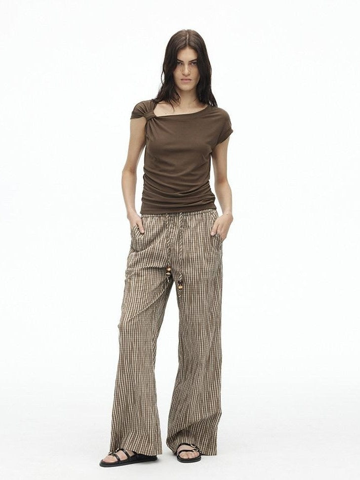 AFTADAWN Dark Blue Knotted Slanted Shoulder Slim Fit Women&