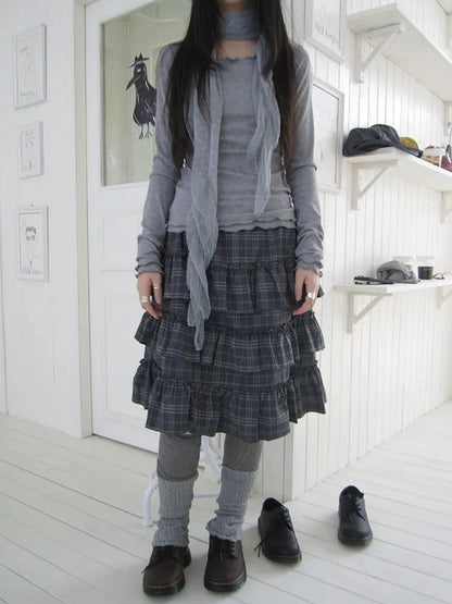 ang project Vintage Gray Layered Gingham Ruffle Hem Skirt Skirt