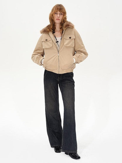 AFTADAWN Khaki Detachable Fur Collar Panelled Women&