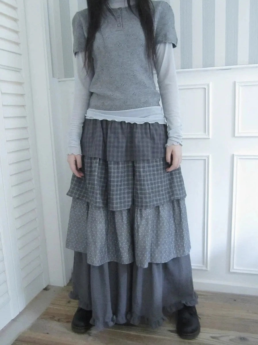 ang project Vintage Checkered Polka Dot Tiered Ruffle Skirt Skirt