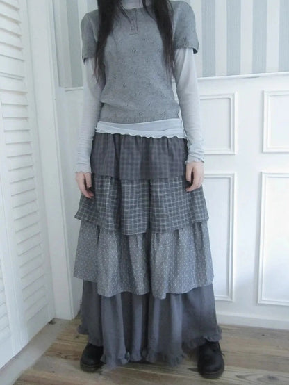ang project Vintage Checkered Polka Dot Tiered Ruffle Skirt Skirt