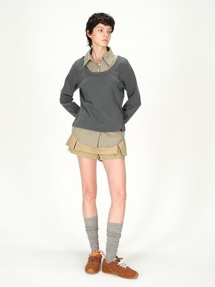 AFTADAWN Grey Plaid Spliced Faux Two Piece Polo Women&
