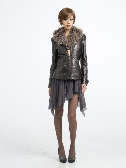 Flowers birds Market Detachable Fur Collar Double Zip Print Pu Women&