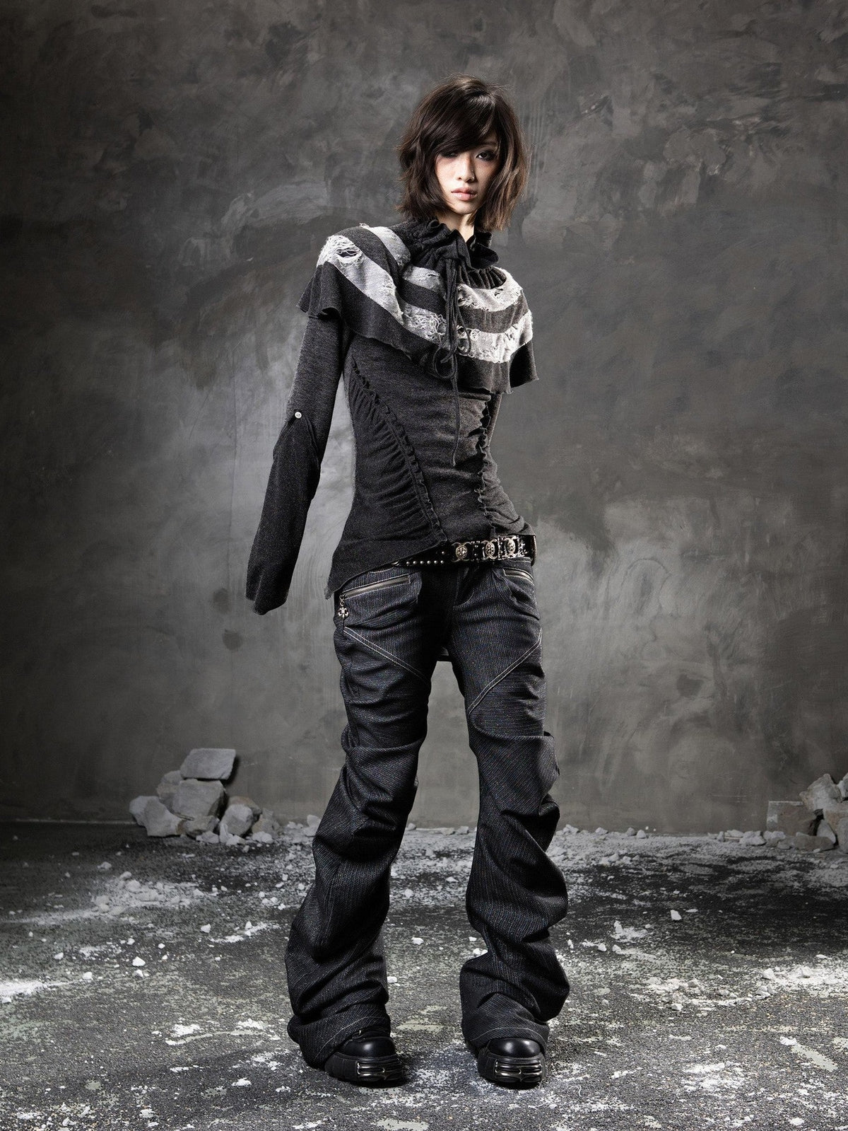 ARIADNAw Black Denim Punk Double Waistband Curved Stacked Texture Women&