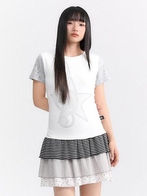 atrandom Faded Musical Note Print Patchwork Cap Sleeve Women&