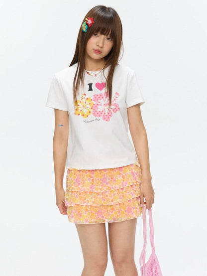 BETWEENAND Two Tone Floral Print Crewneck Short Sleeve Women&