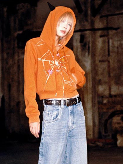 CFIERCE Cracked Print Sharp Angle Cropped Hooded Jacket