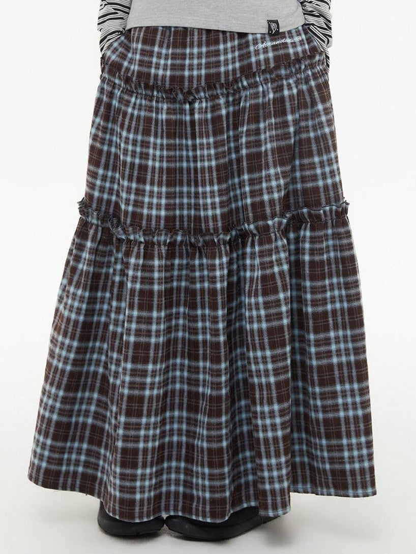 atrandom Brown Blue Plaid Lace Trim Layered Women&