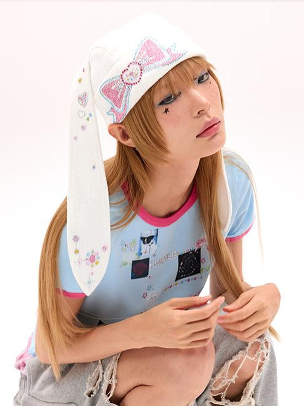 CFIERCE Crystal Studded Rabbit Ear Knit Cap
