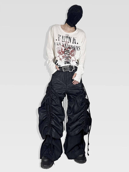 ATAnothingness Pleated Cargo Loose Mid Rise Zipper Cotton Gothic Metal Black Wide-Leg Jeans