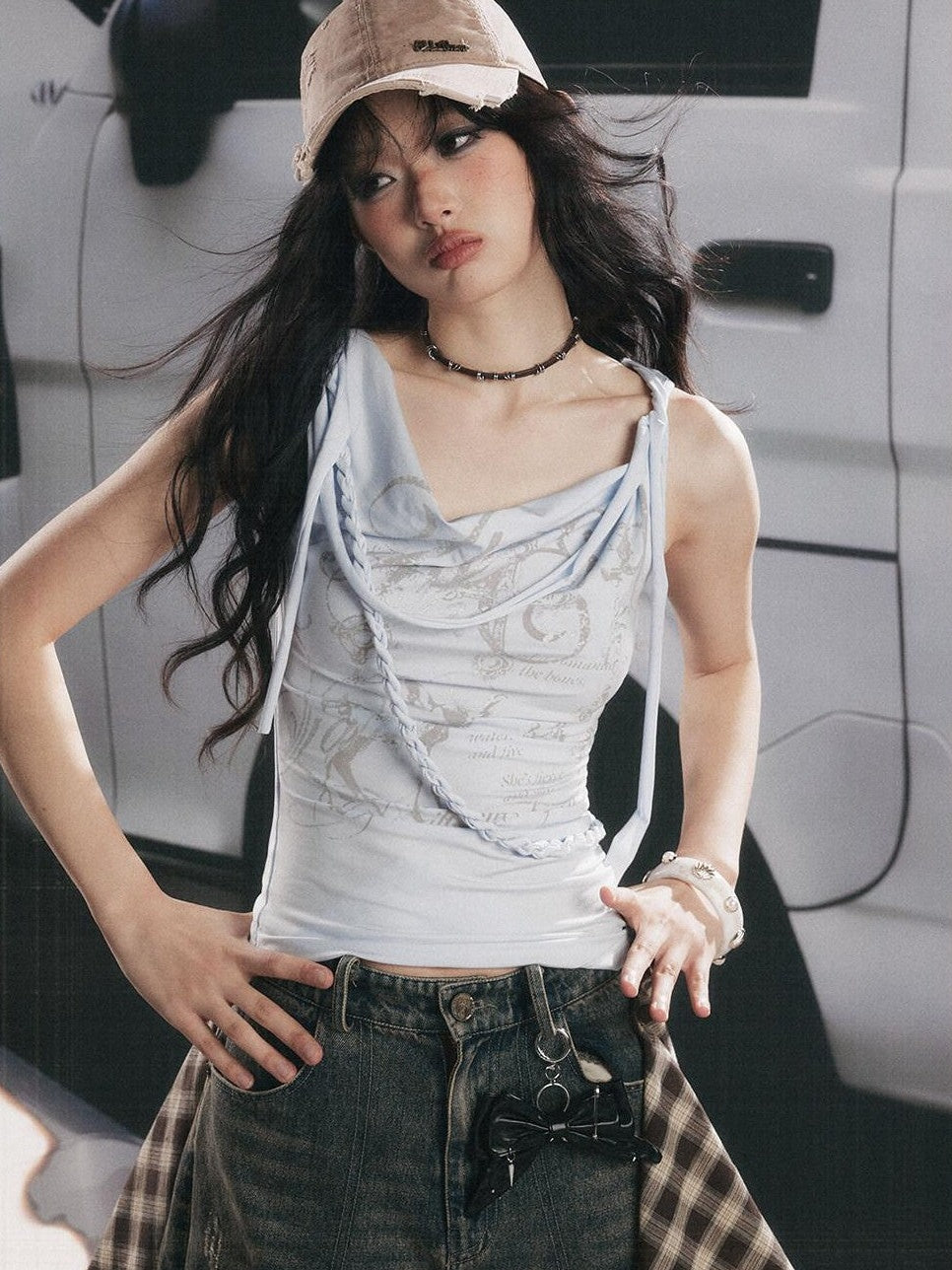 ALL iN plan Bow Letter Print One Shoulder Slim Women&