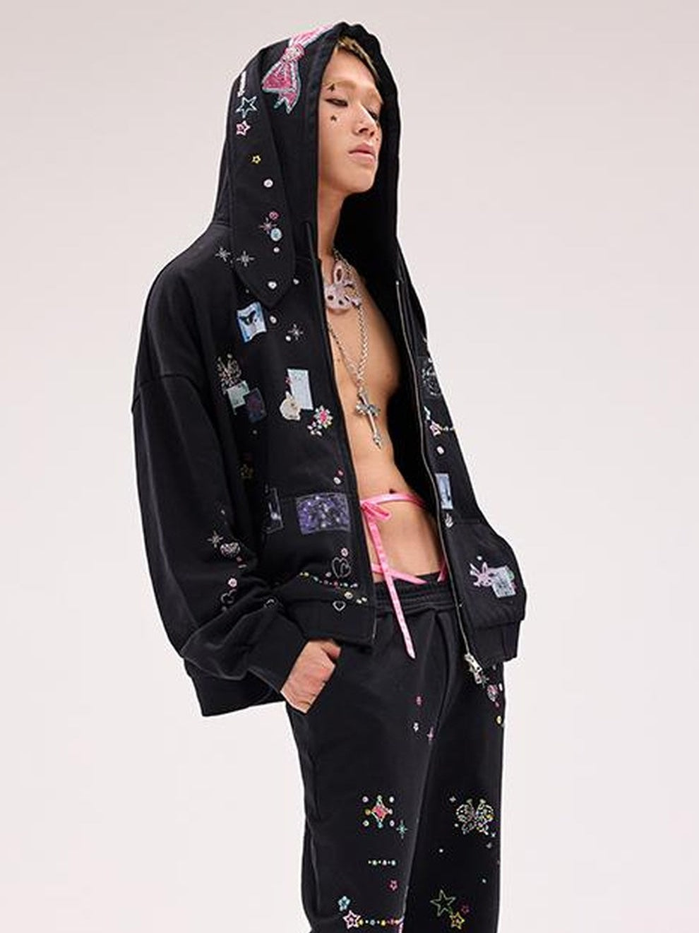 CFIERCE Embroidered Rabbit Ear Hoodie With Rhinestone Details