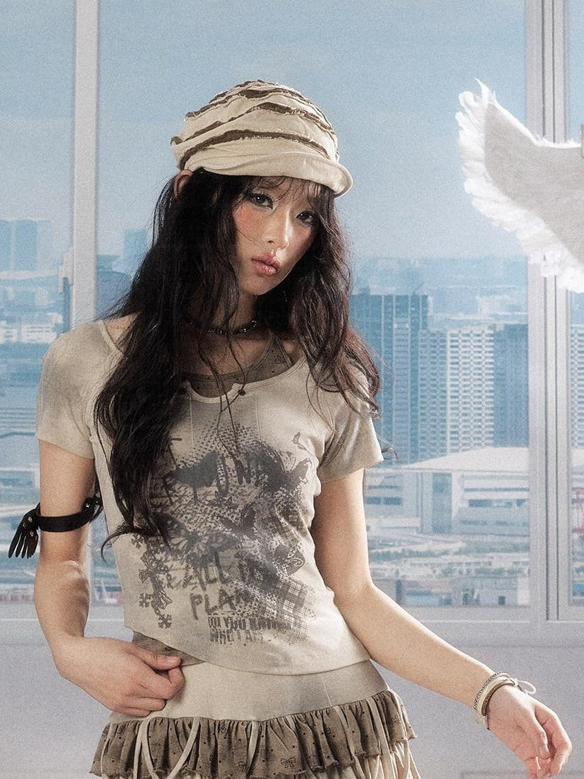 ALL iN plan Slim Fit Khaki Printed Cropped Casual Round Neck Women Short Sleeve T-Shirts