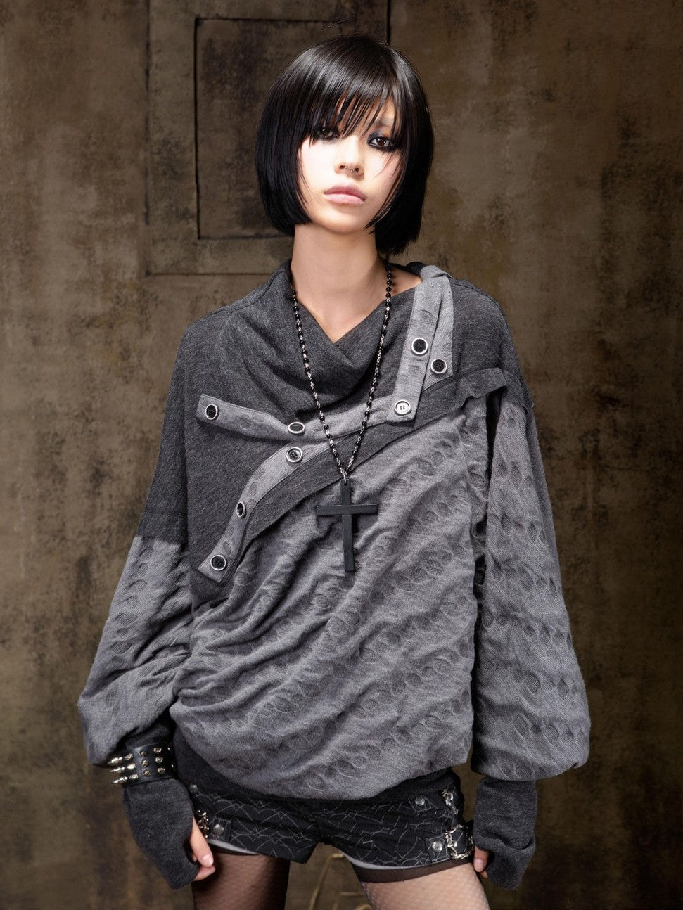 ARIADNAw Polka Dot Knitted Batwing Stacked Neck Patchwork Women&