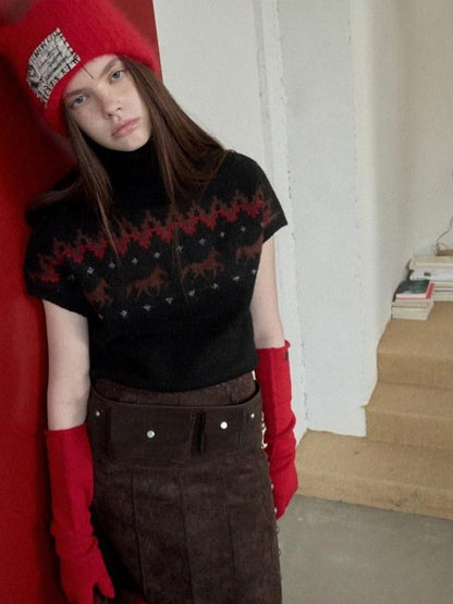 1JINN STUDIO Fair Isle Pony Jacquard High Neck Short Sleeve Women&