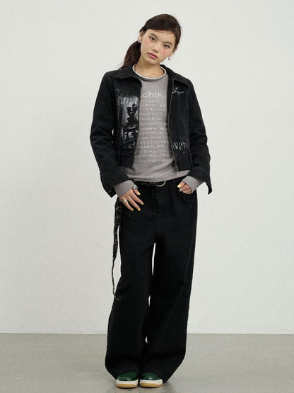 Achihara Print Fleece Lined Stand Collar Cotton Denim Women&