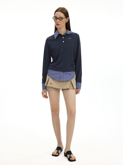 AFTADAWN Colorblock Faux Two Piece Polo Collar Striped Women&