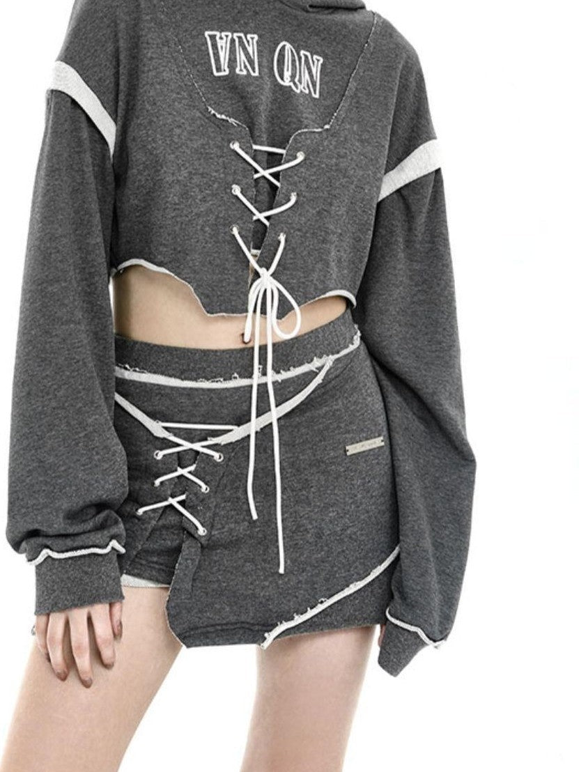 ANYQUESTION Heather Gray Printed Frayed Edge Tie Hooded Women&