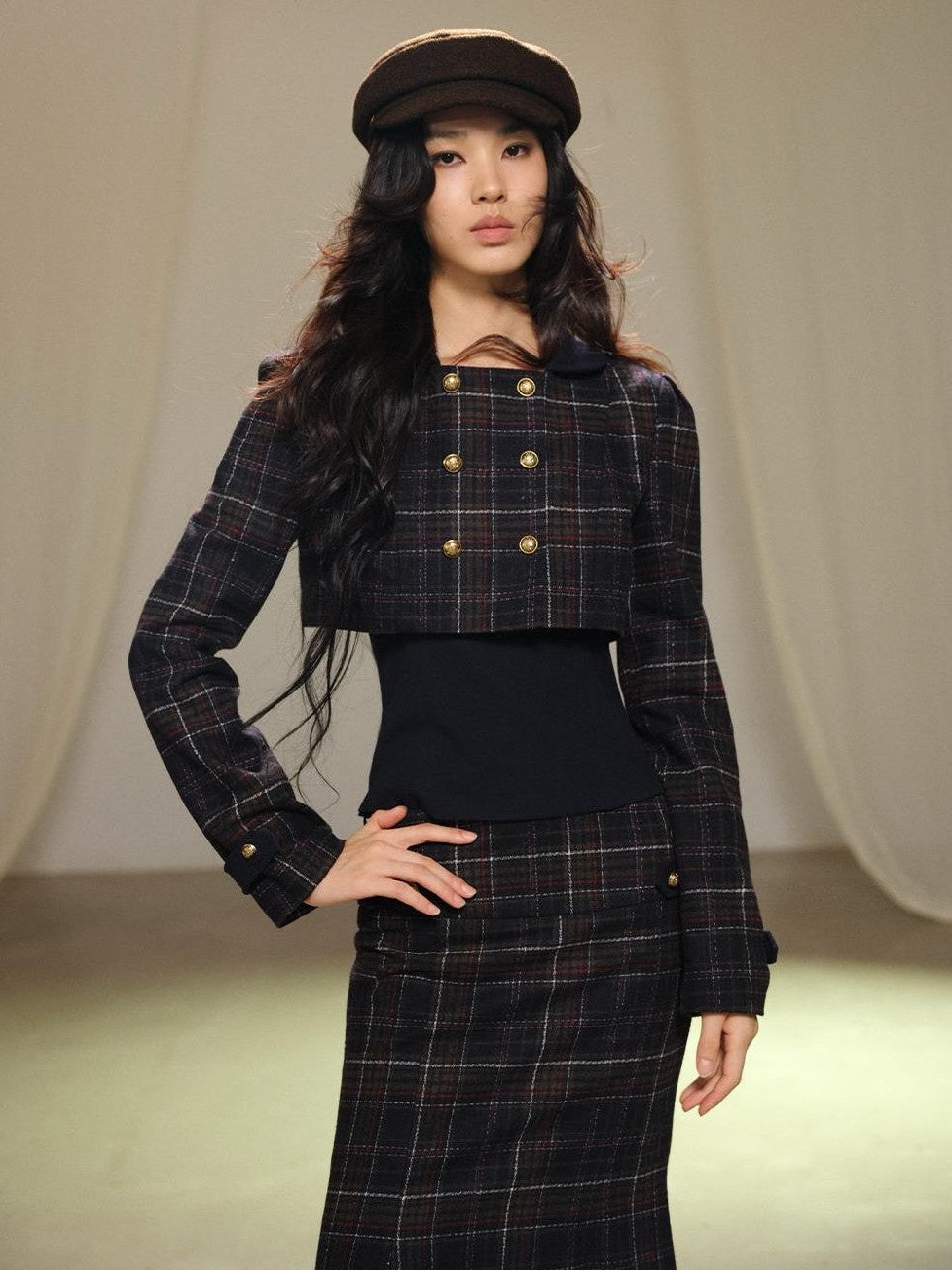lvetong Plaid Wool Blend Cropped Jacket Long Sleeve Fishtail Skirt Women&