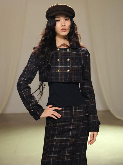 lvetong Plaid Wool Blend Cropped Jacket Long Sleeve Fishtail Skirt Women&