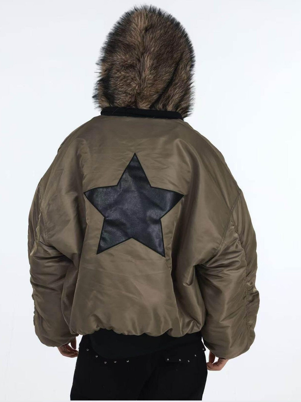 DETW onLine Embroidered Star Layered Hooded Fur Collar Women&
