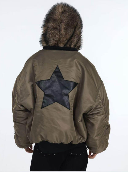 DETW onLine Embroidered Star Layered Hooded Fur Collar Women&