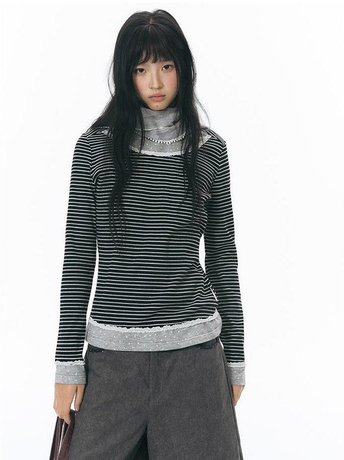NAPSNAPS Lace Trim Striped Mock Layer Round Neck Knit Women&