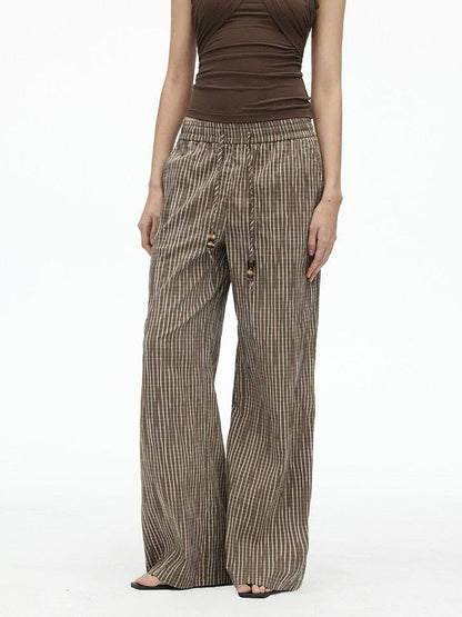 AFTADAWN Vertical Check Textured Beaded Drawstring Women&