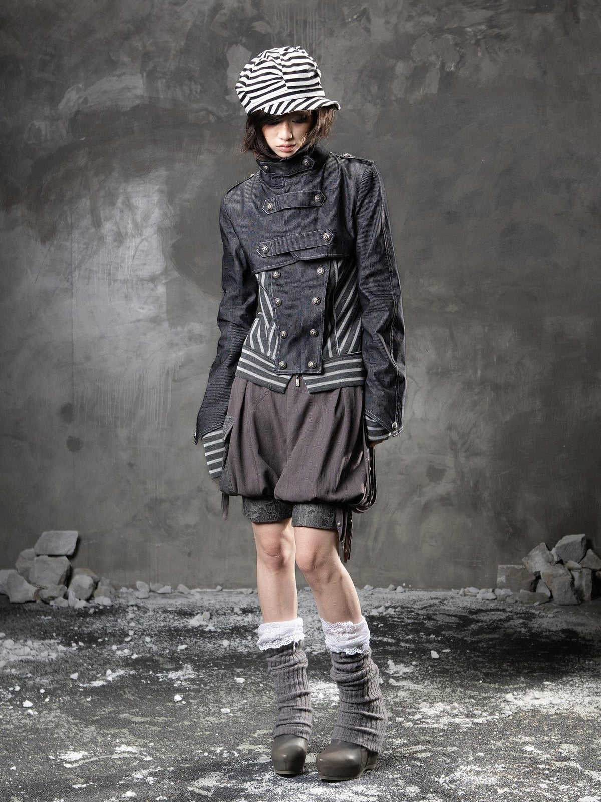 ARIADNAw Denim Blue Asymmetrical Striped Patchwork Original Design Women&