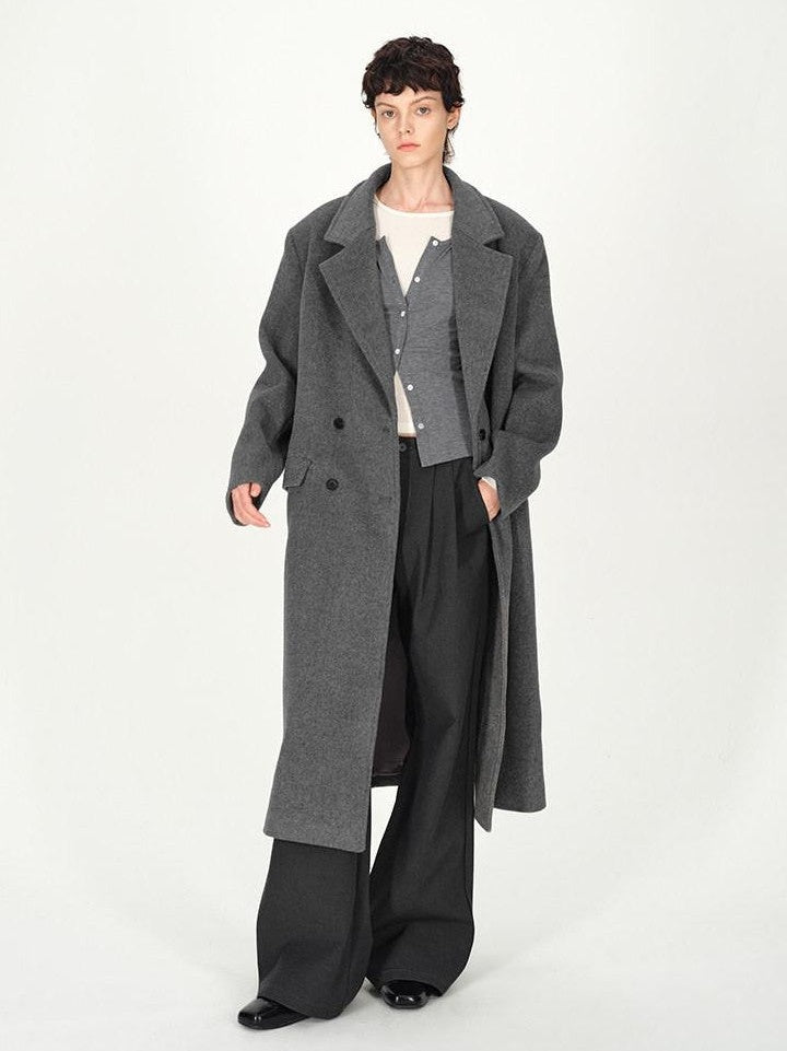 AFTADAWN Gray Double Breasted Half Collar Pocket Long Women&