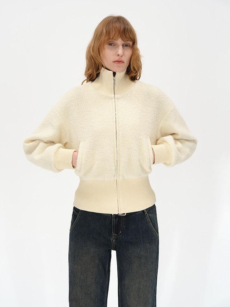AFTADAWN Ivory Ribbed Knit Zip Stand Collar Women&
