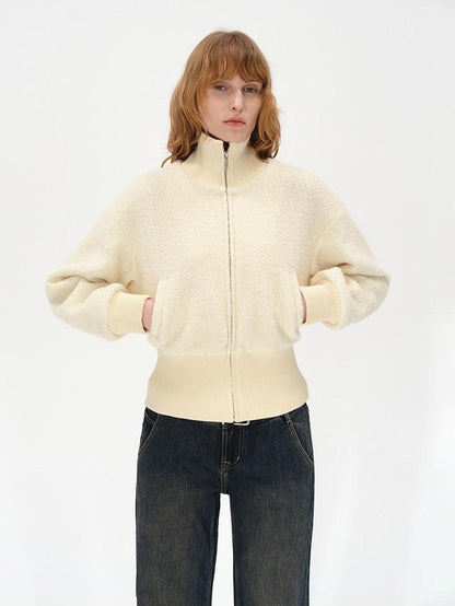 AFTADAWN Ivory Ribbed Knit Zip Stand Collar Women&