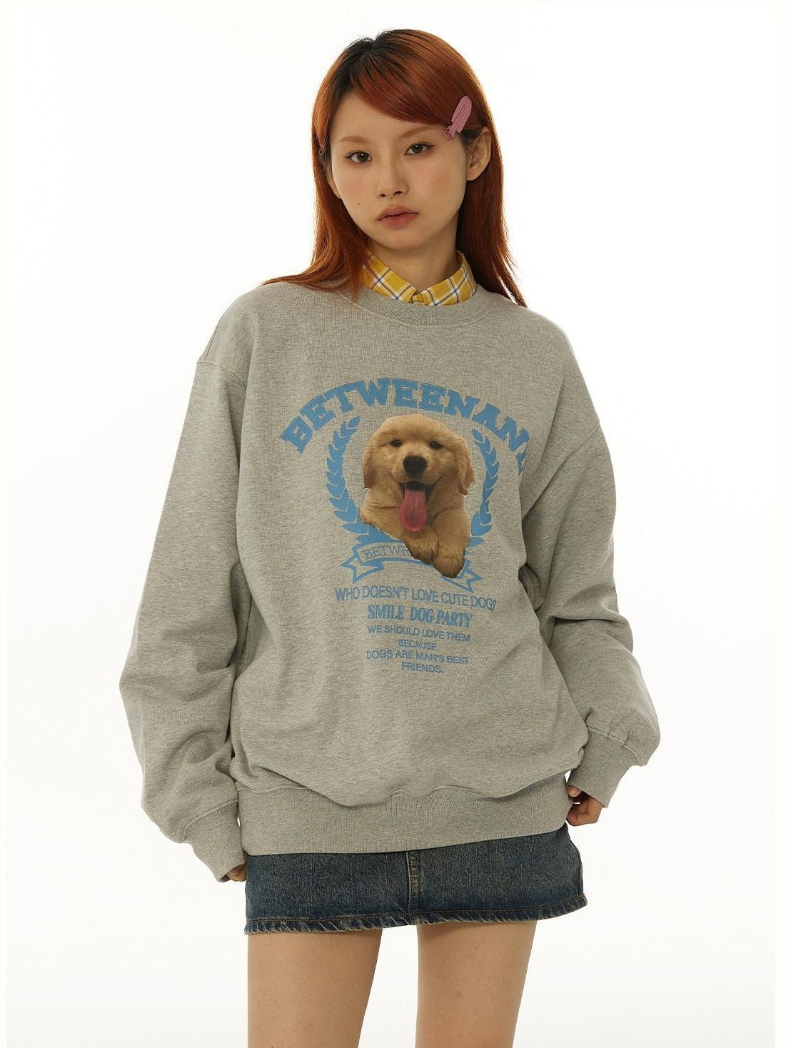 BETWEENAND Gray Tongue Out Puppy Motif Loose Fit Women&