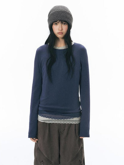 NAPSNAPS Lace Trim Splice Knit Round Neck Women&
