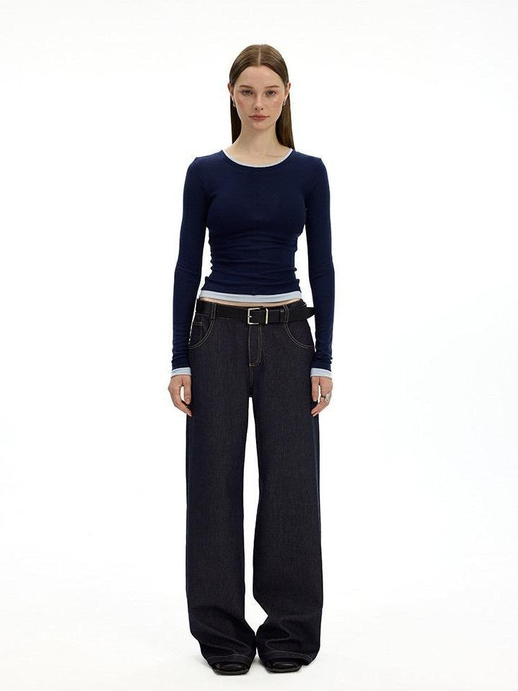 AFTADAWN Denim Blue Back Pocket Logo Embroidery Women&