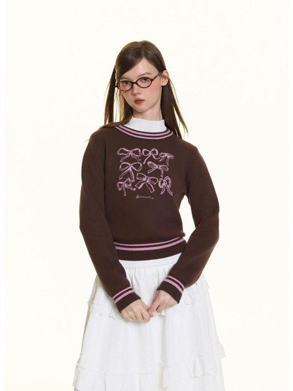 BETWEENAND Brown Bow Embroidery Jacquard Round Neck Women&